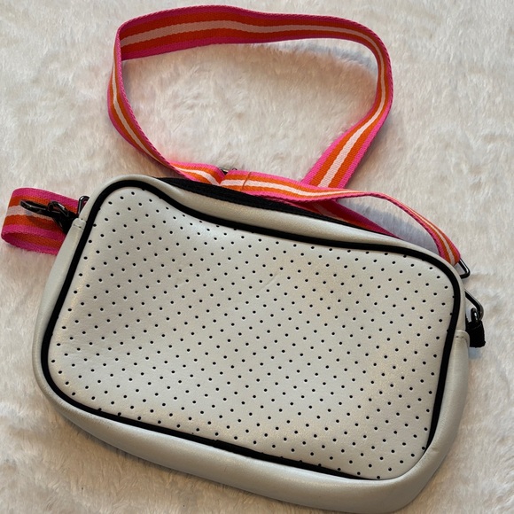 Stylish White Neoprene Bag with Pink and Orange Stripes - Picture 7 of 9